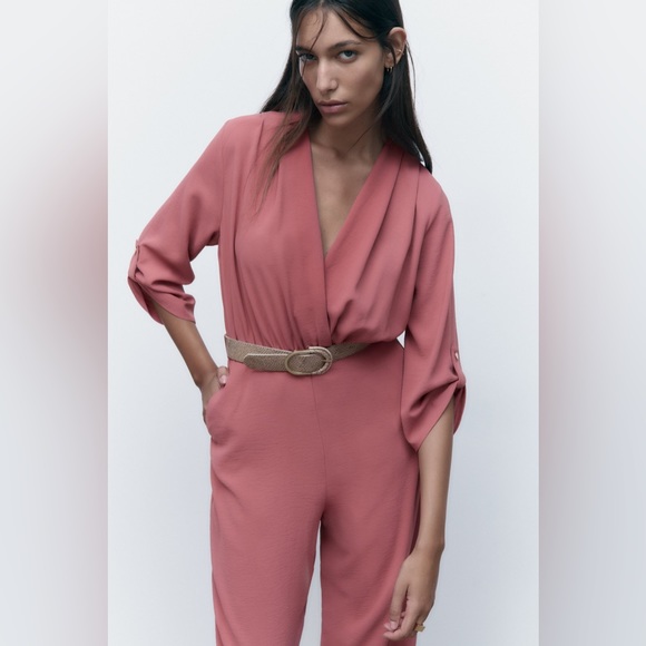 ZARA Blush Belted V-neck Jumpsuit - Picture 3 of 8